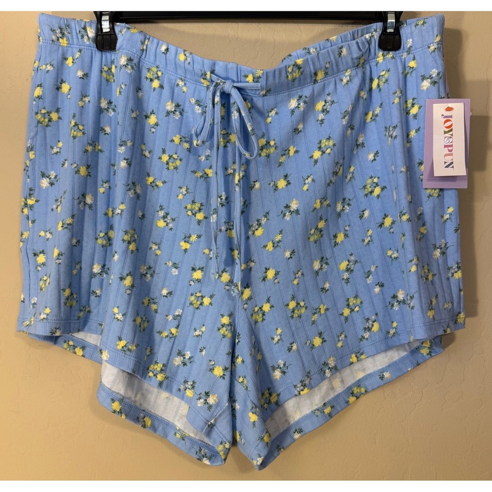 Joyspun Pajama Shorts Womens 2X Blue Floral‎ Ribbed Knit Drawstring Pockets NEW